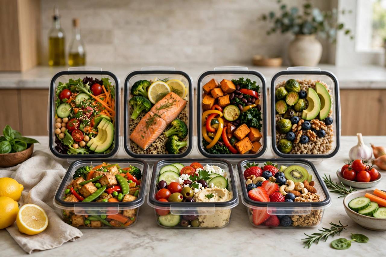 Neatly arranged meal prep containers with colorful healthy food on a kitchen counter, no people