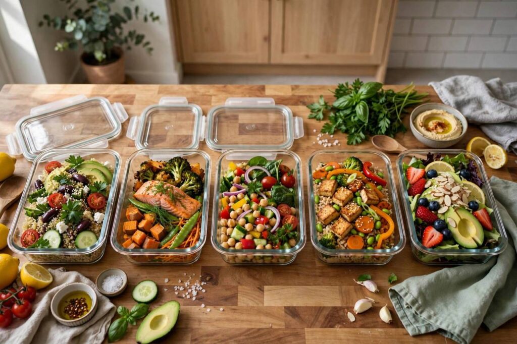 Glass meal prep containers filled with colorful healthy lunches arranged on a kitchen counter
