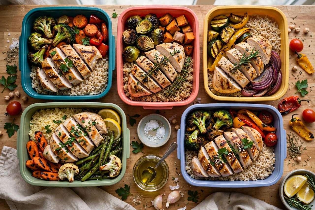Overhead view of colorful meal prep containers filled with grains, roasted vegetables, and grilled chicken on a kitchen counter