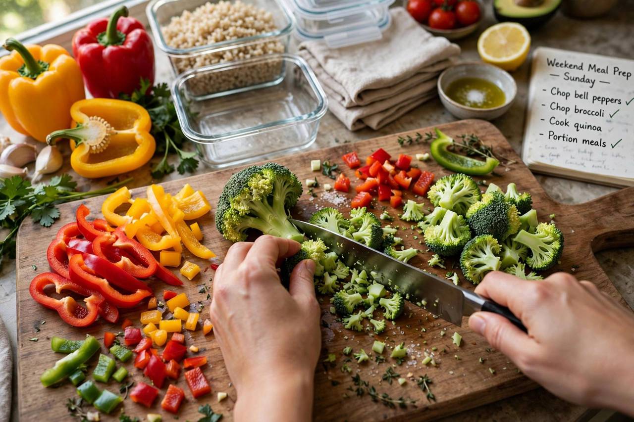 Hands chopping bell peppers and broccoli on a wooden cutting board during a weekend meal prep session