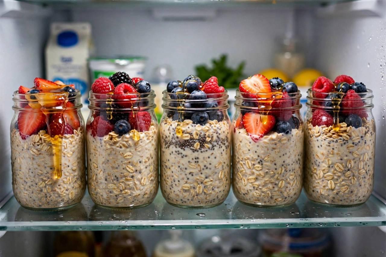 Glass jars of overnight oats topped with fresh berries and honey lined up on a refrigerator shelf