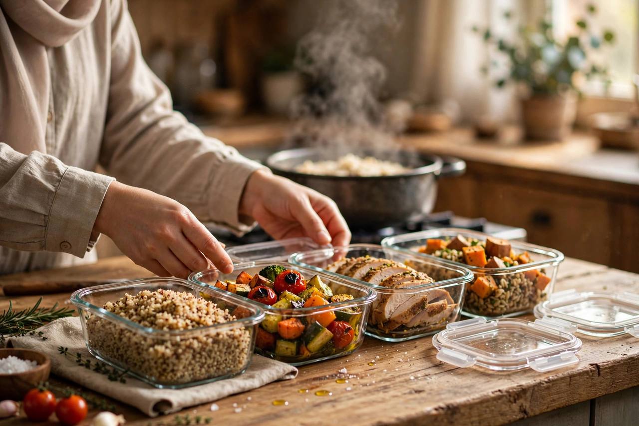 A home cook arranging colorful meal prep containers with cooked grains, roasted vegetables, and proteins on a wooden kitchen counter