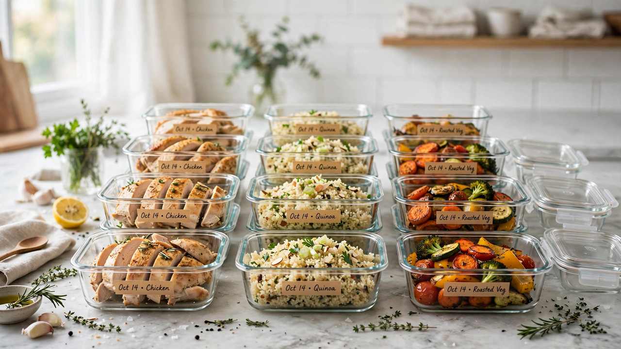 Glass containers with labeled portions of chicken, quinoa, and roasted vegetables arranged in neat rows