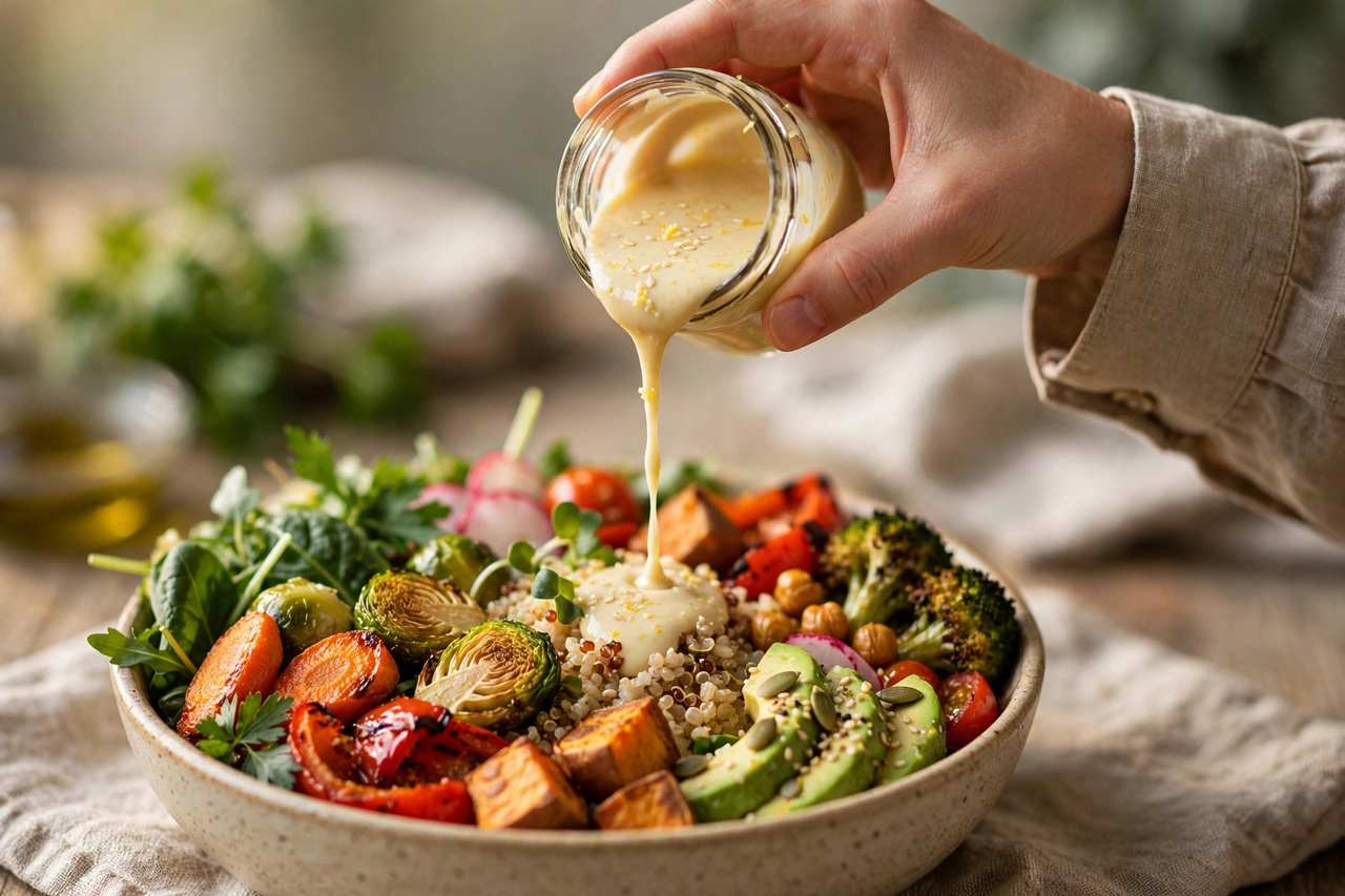 Close-up of a hand drizzling tahini-lemon sauce over a colorful assembled meal prep bowl