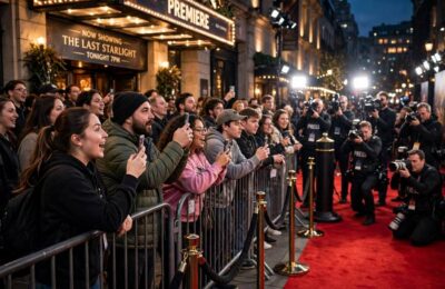 Fans waiting behind barricades at a movie premiere