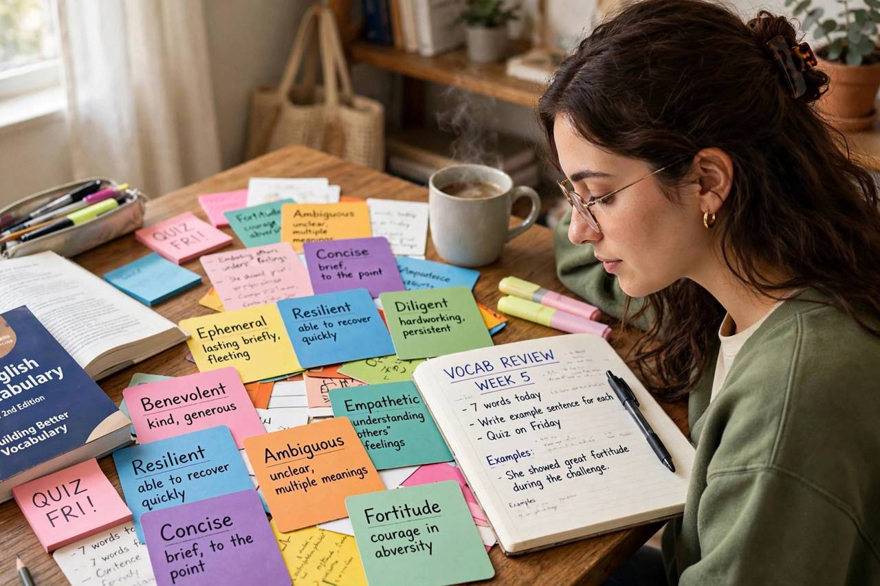 Student studying vocabulary with colorful flashcards spread on a desk
