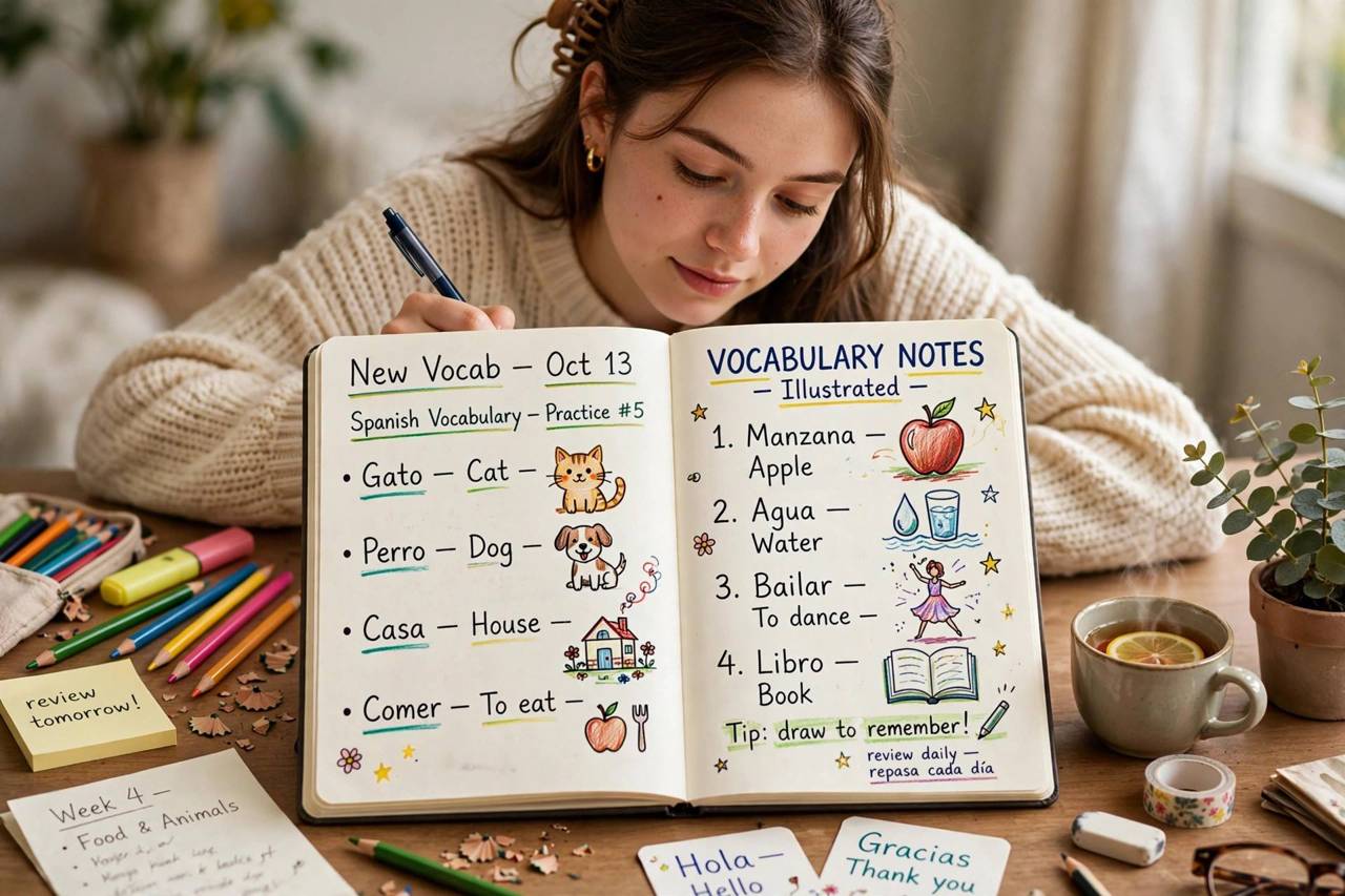 Language learner writing new vocabulary words in a notebook with illustrations