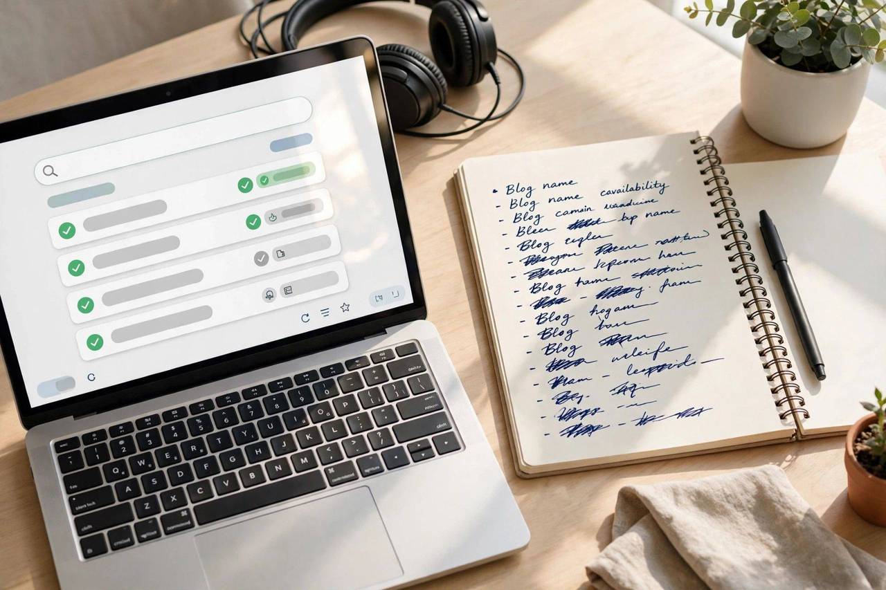 Laptop screen showing a domain availability search with a notebook of blog name candidates beside it