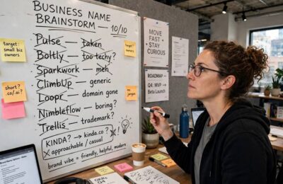 A founder brainstorming business names on a whiteboard