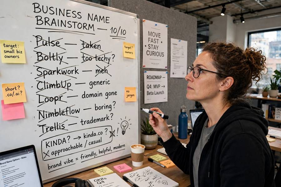 A founder brainstorming business names on a whiteboard