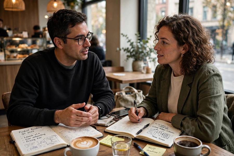 Two founders discussing business name ideas in a cafe