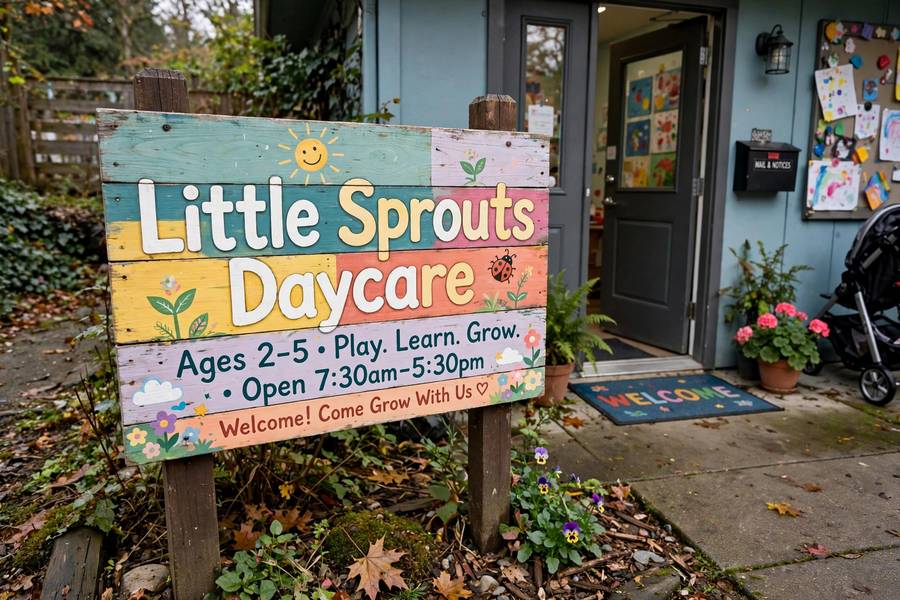 Colorful daycare business sign showing effective childcare naming