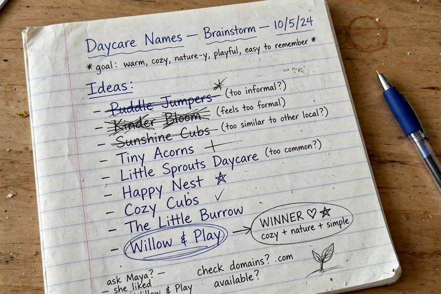 Brainstorming daycare business name ideas in a notebook