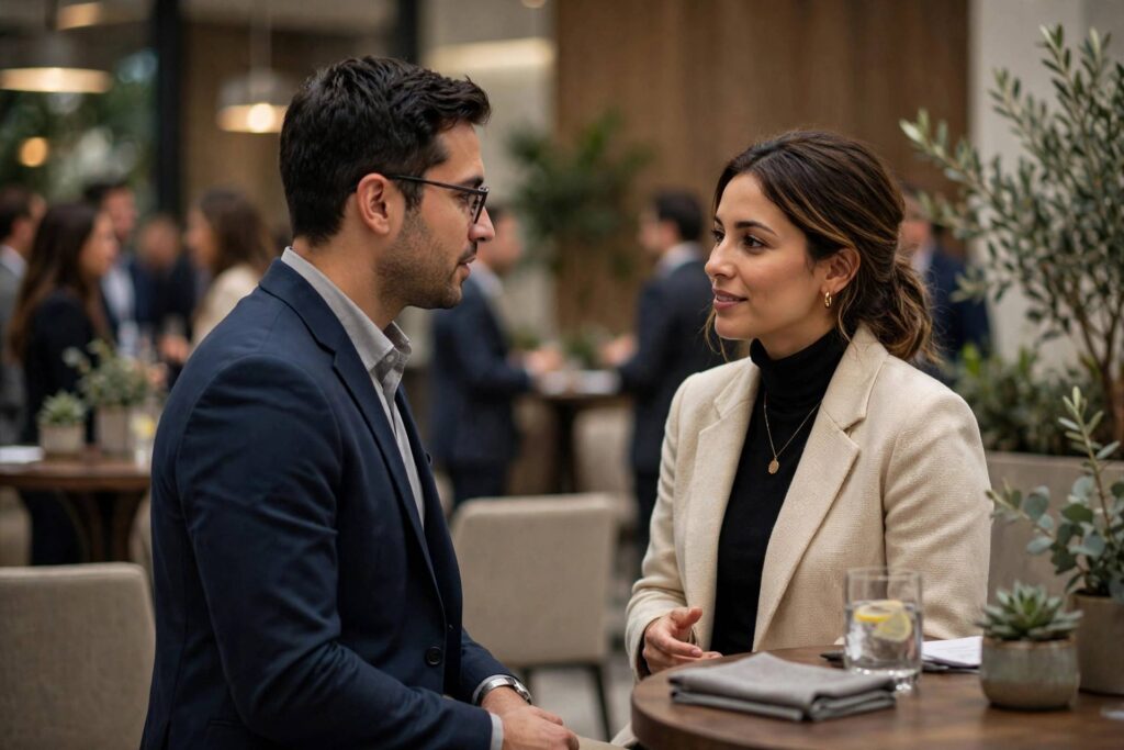 Two professionals having a quiet one-on-one conversation at a networking event