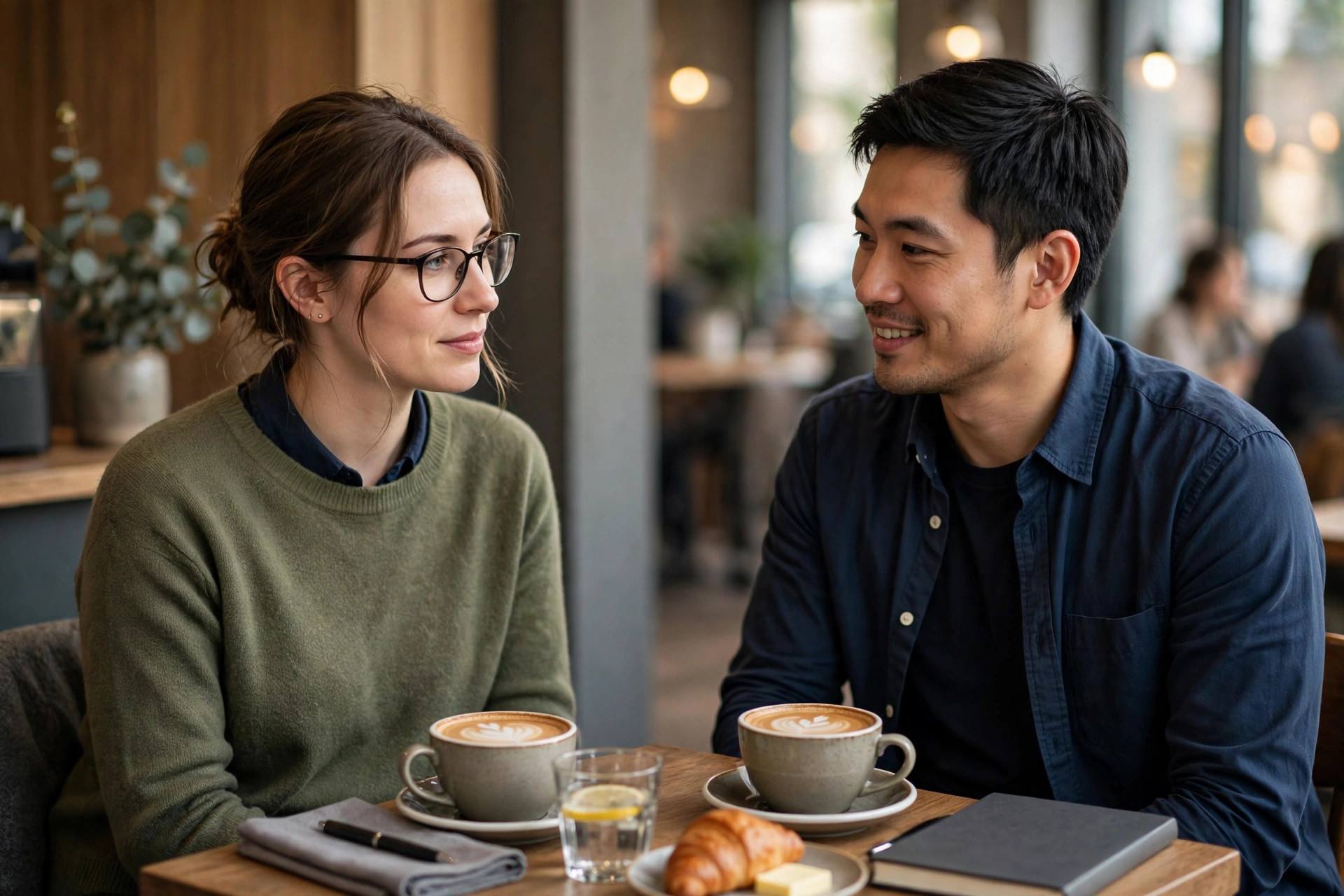 Two professionals having a quiet one-on-one conversation at a networking event