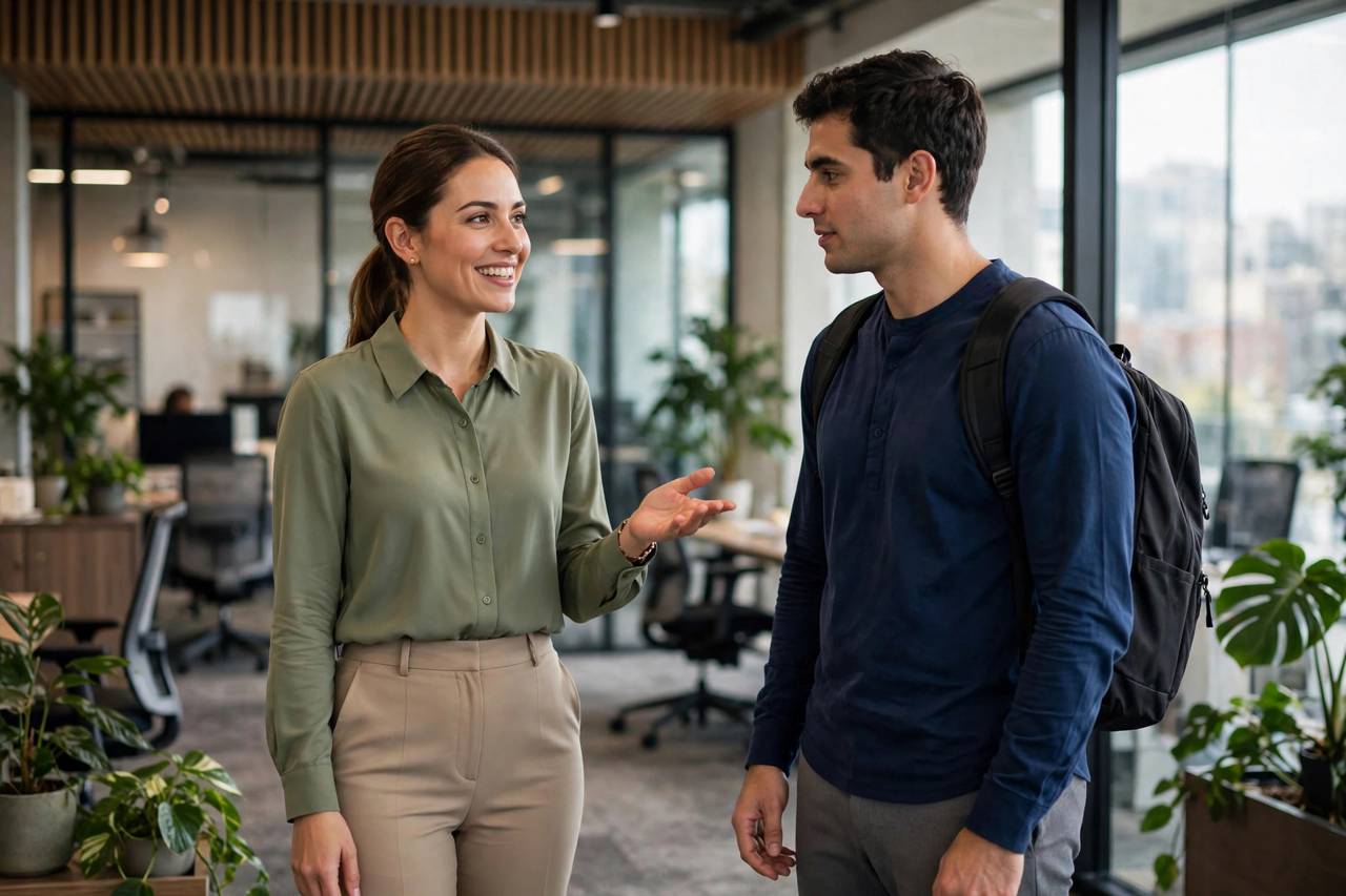 New employee being shown around the office by an onboarding buddy