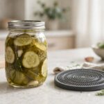 How to Open a Tight Jar Lid Easily (Method Ladder: Easiest First) Glass pickle jar with a metal lid sitting on a bright kitchen counter next to a rubber grip pad