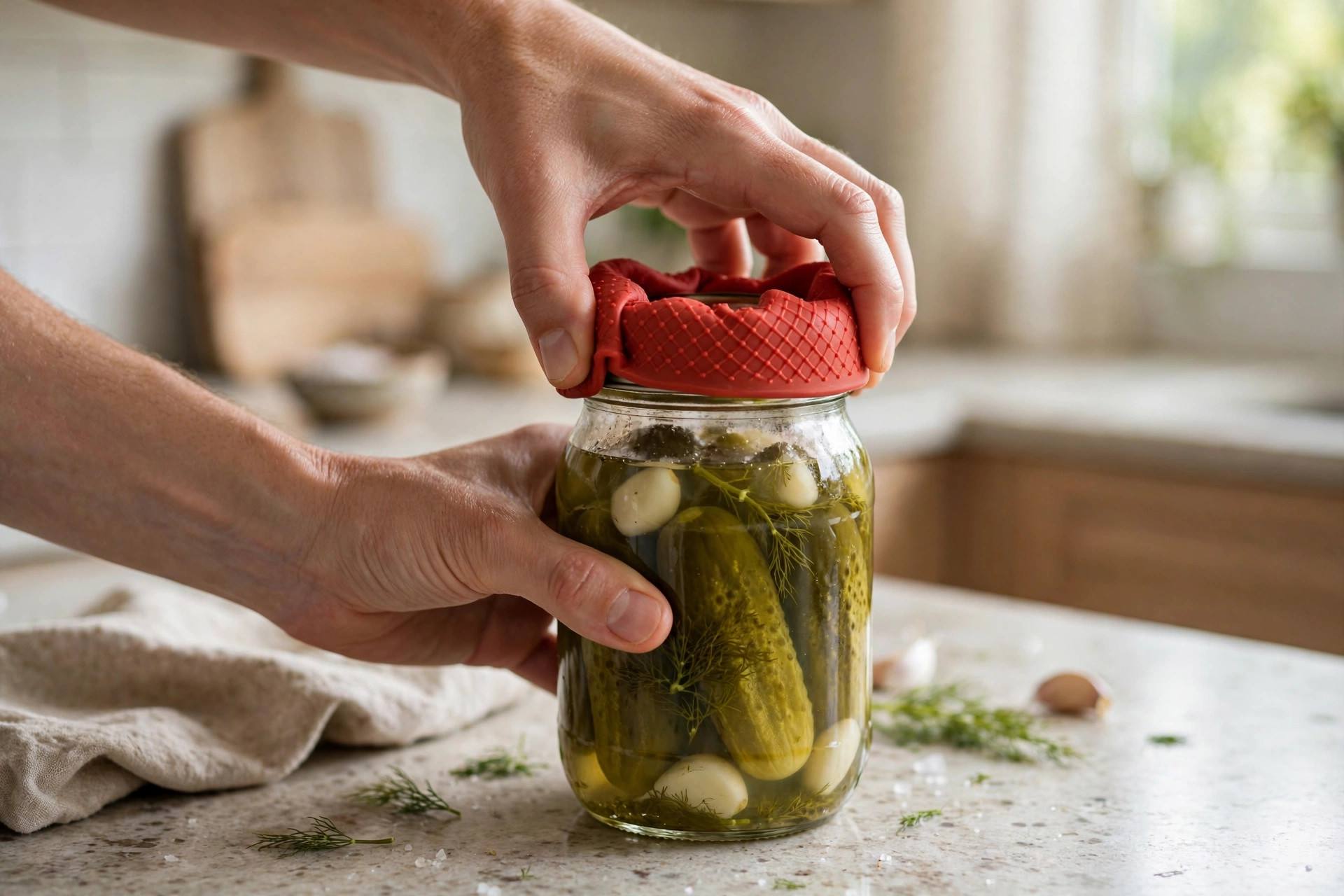 Hands using a rubber jar gripper pad to twist open a glass pickle jar on a kitchen counter