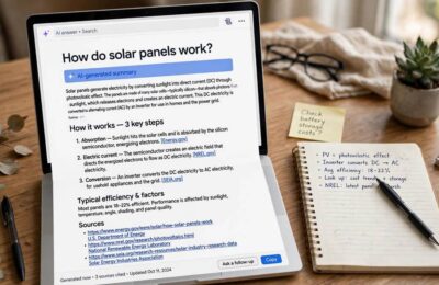 AI search answer displaying cited sources on a laptop screen