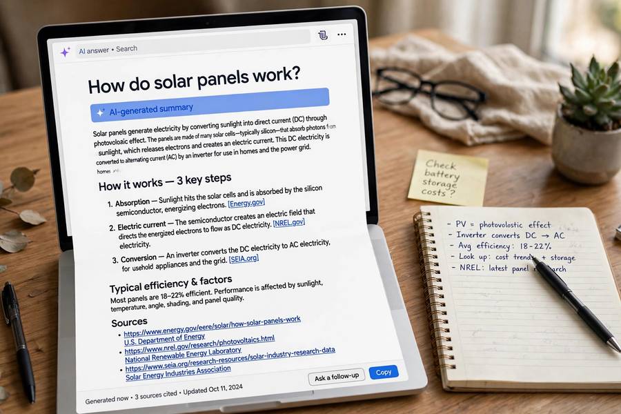 AI search answer displaying cited sources on a laptop screen