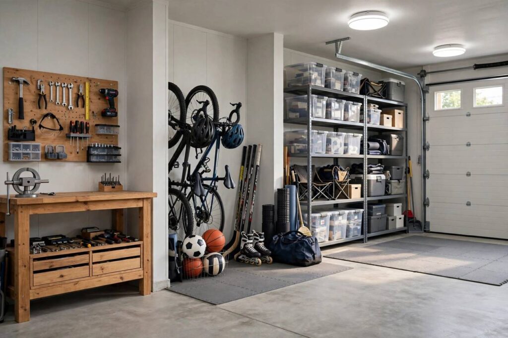 Clean organized garage interior with zones for tools, sports equipment and storage shelves, no people