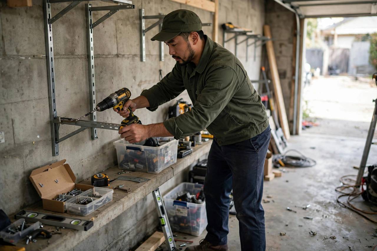Man in modest full-coverage work clothing installing wall-mounted garage shelving with a drill