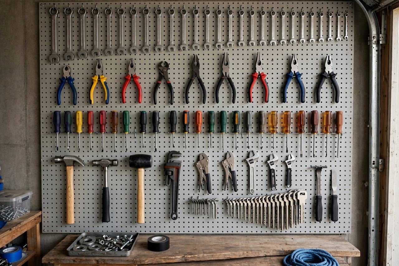 Garage pegboard wall with neatly arranged hand tools hanging in organized rows
