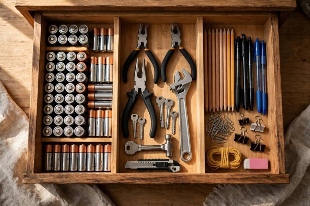 Neatly organized junk drawer with labeled compartments for batteries, tools, and stationery