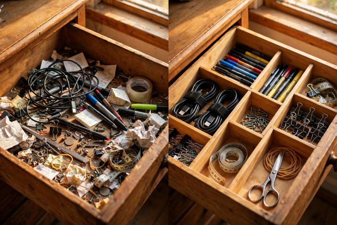 Before and after view of a messy drawer transformed into an organized drawer with dividers