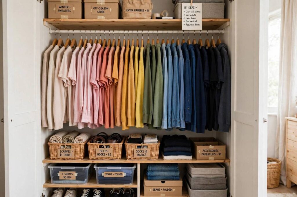 Neatly organized small closet with clothes arranged by color