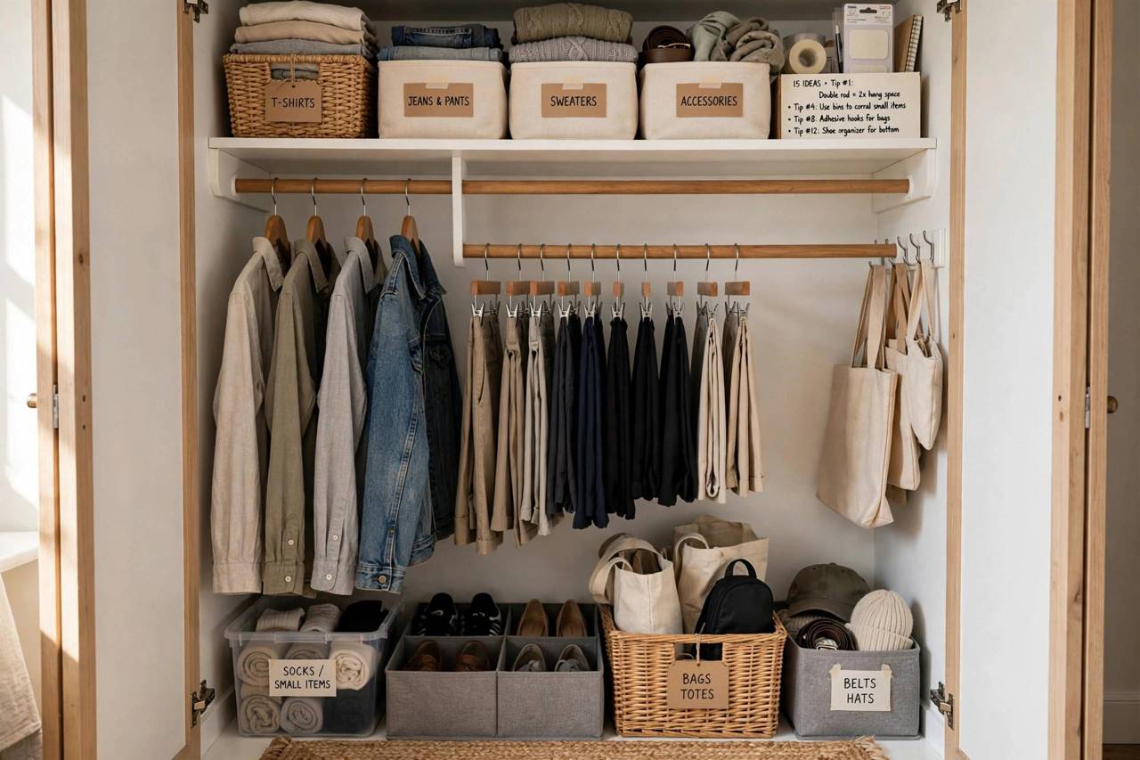 Closet with double hanging rods maximizing vertical storage space