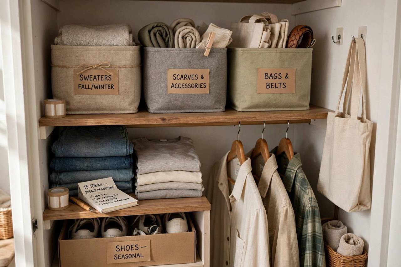 Labeled fabric storage bins on a closet shelf