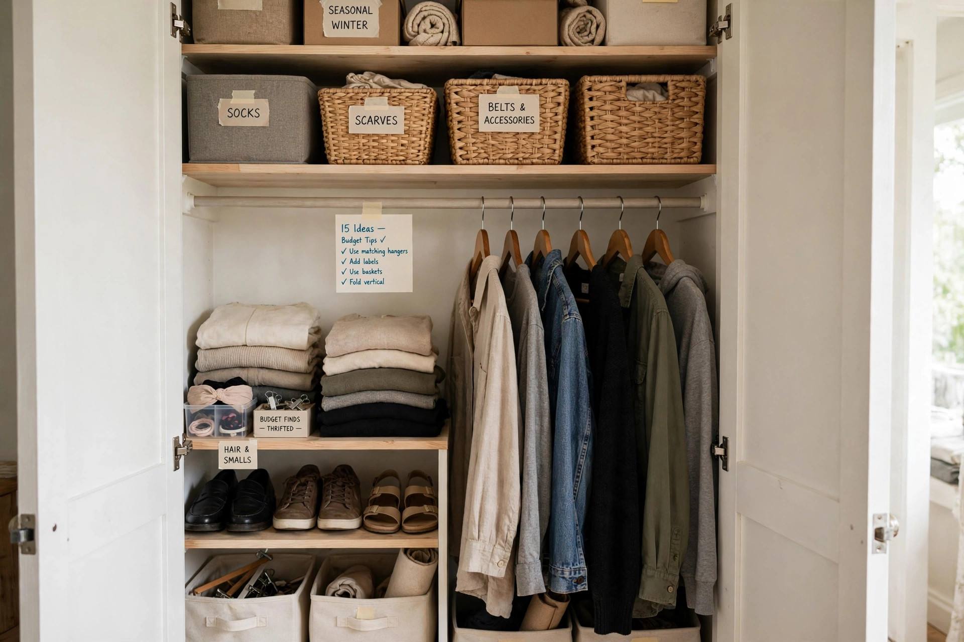 Tidy small closet interior with organized shelves and hanging clothes