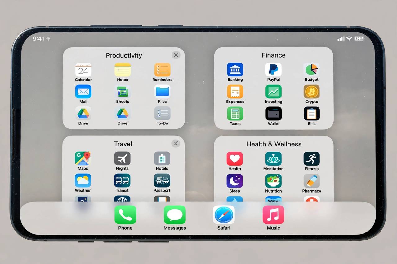 Close-up of smartphone app folders neatly arranged by purpose on a home screen