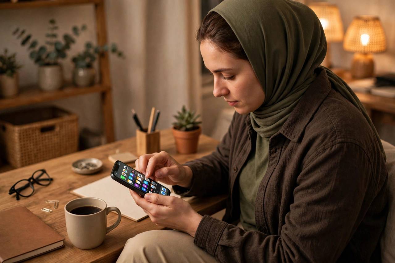 A person in modest full-coverage clothing tidying up a smartphone home screen at a desk