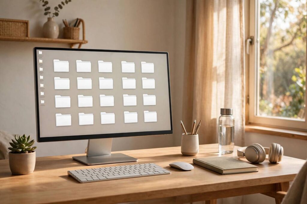 Clean computer desktop with neatly organized folders on screen, tidy home office, no people