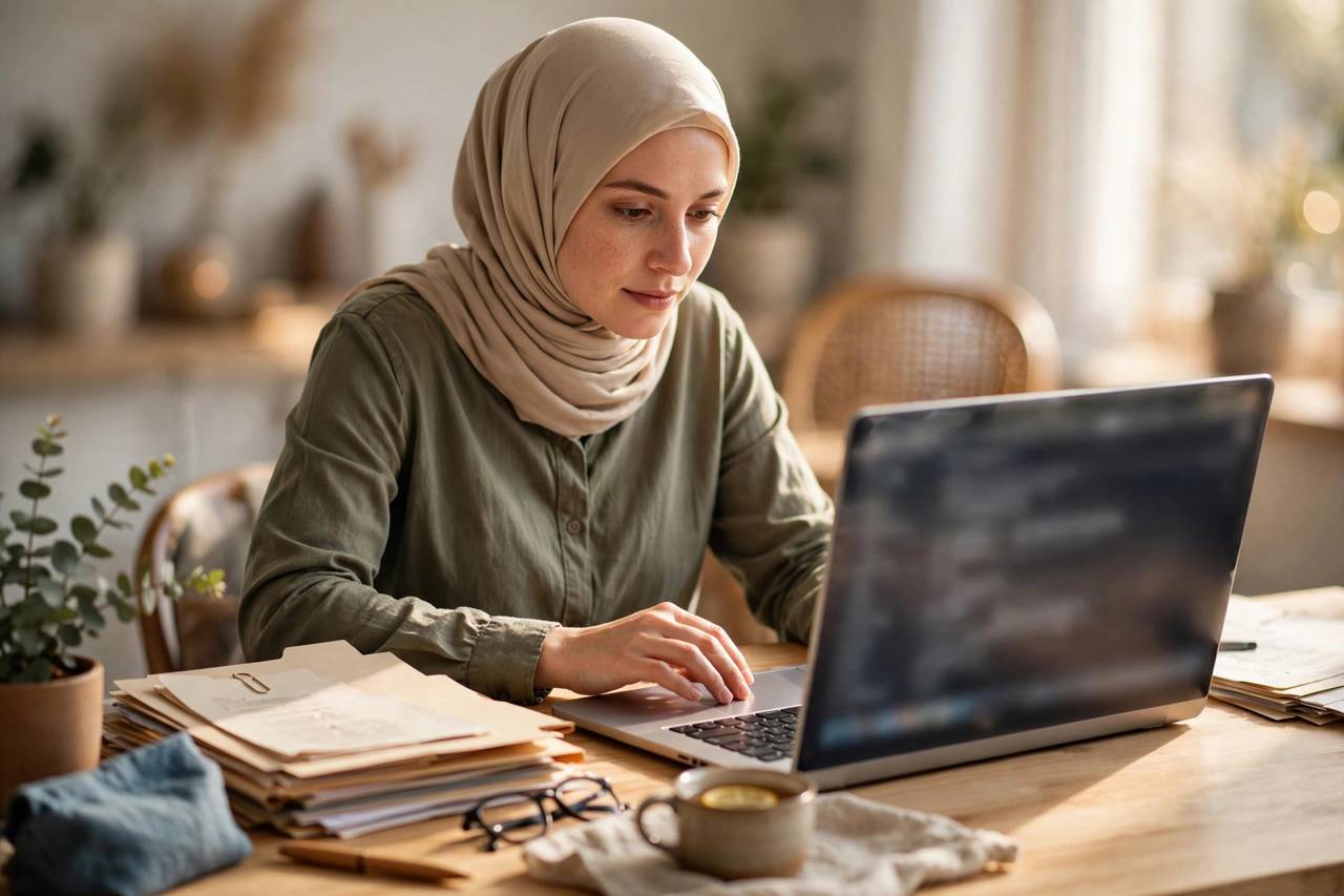 Person organizing files on a laptop at a bright desk, modest clothing, shallow depth of field