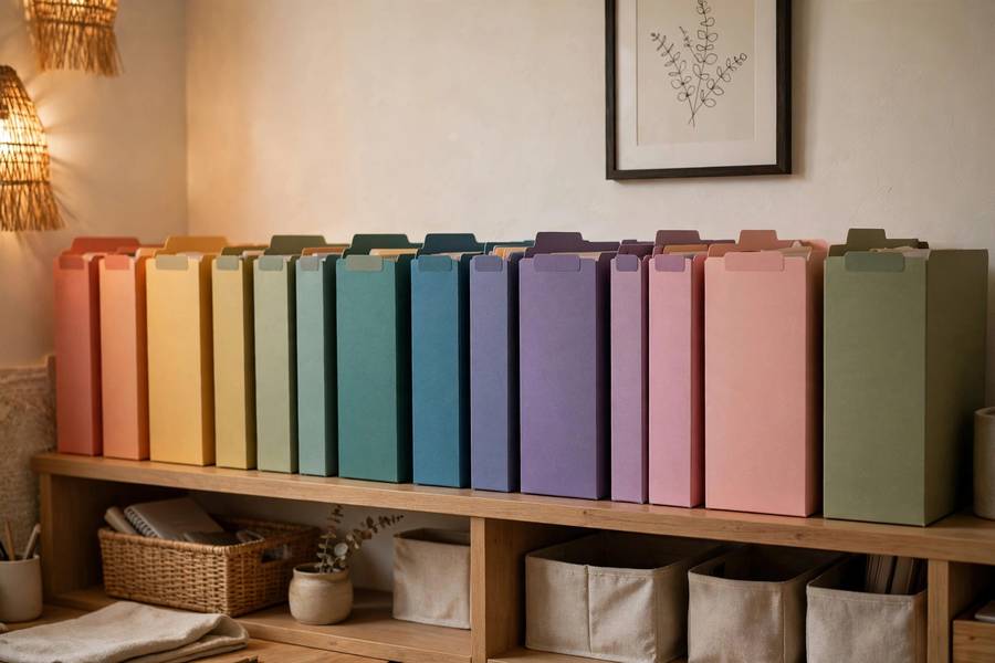 Neatly organized home filing system with labeled folders