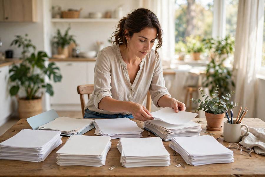 Person sorting a large pile of household documents into organized stacks on a table