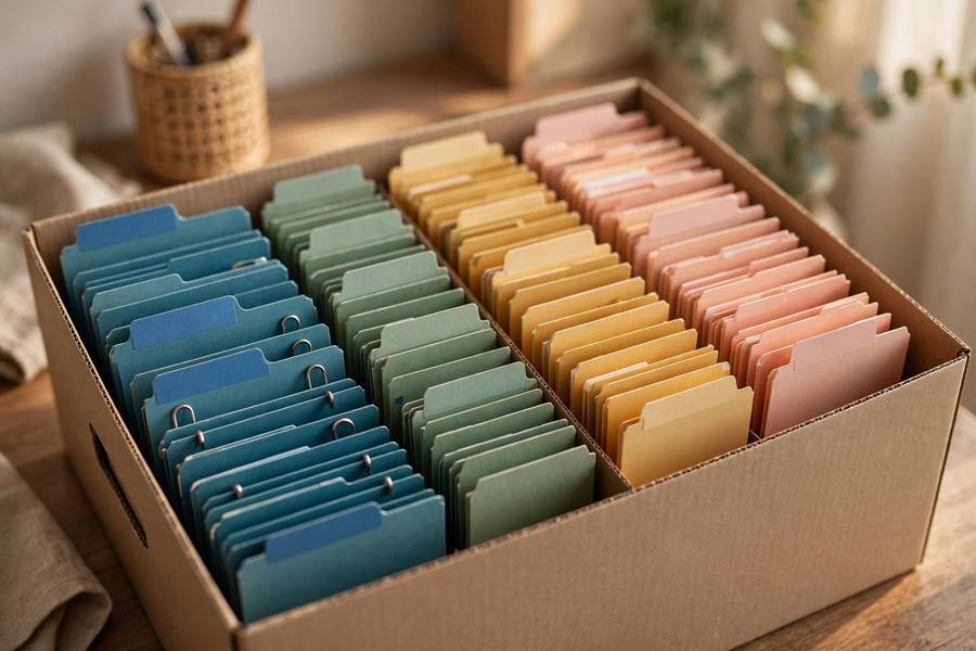 Labeled file folders organized by category inside a home filing box