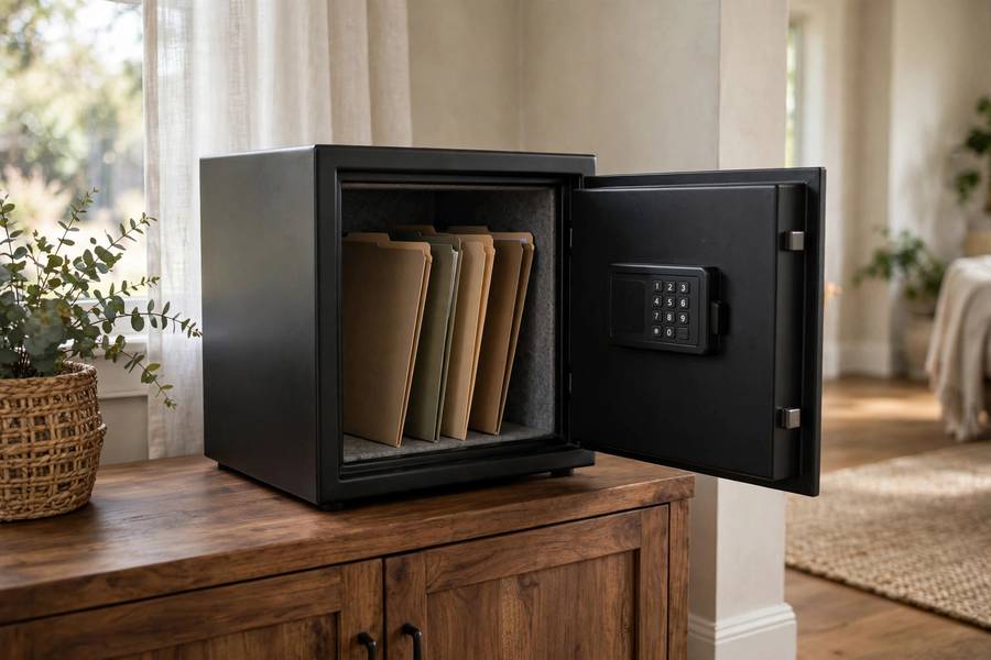 Fireproof home safe with important documents stored securely inside
