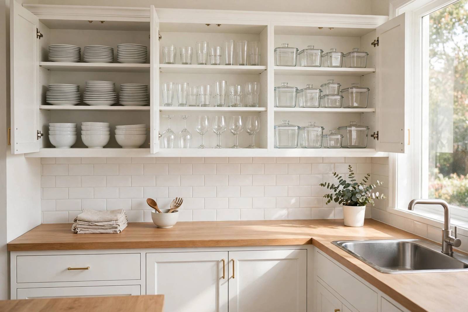 Well-organized kitchen with open cabinets showing neatly arranged dishes and labeled zones