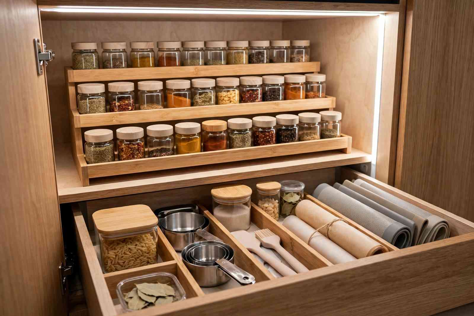 Inside an organized cabinet with pull-out drawers, a spice rack, and grouped cooking supplies