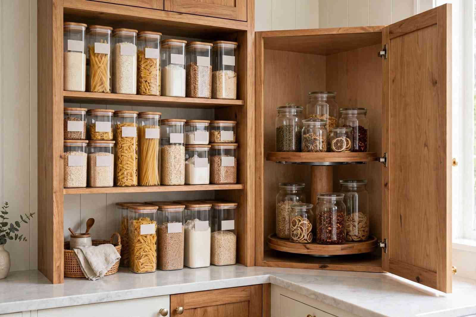 Labeled pantry with clear containers and a corner cabinet with a lazy Susan