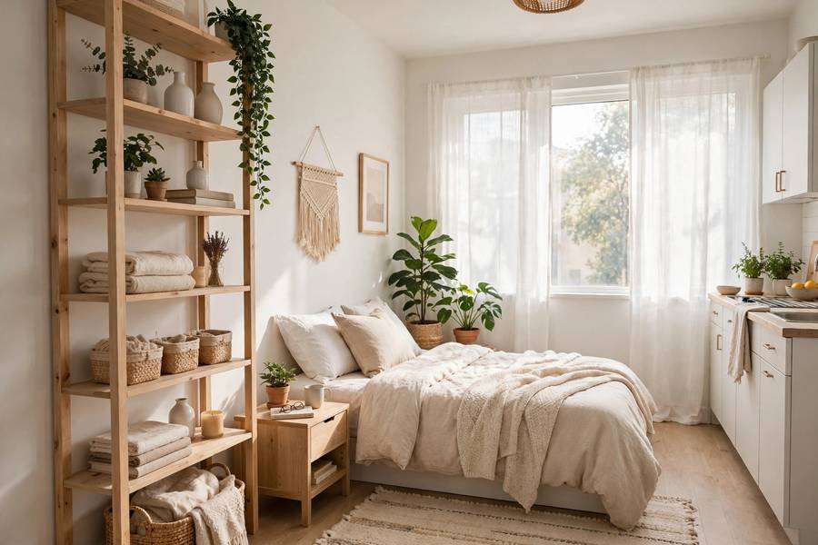 Organized studio apartment showing how to organize small apartment ideas