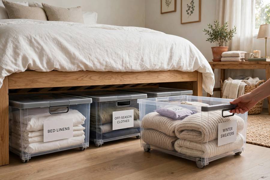 Under-bed storage boxes as a how to organize small apartment solution