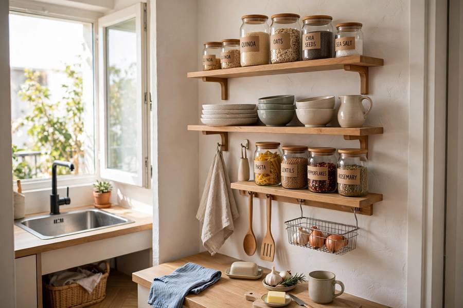 Vertical kitchen storage demonstrating how to organize small apartment