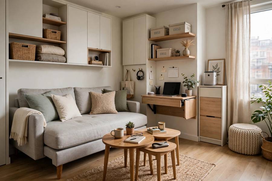 Multi-use furniture in a living room for how to organize small apartment