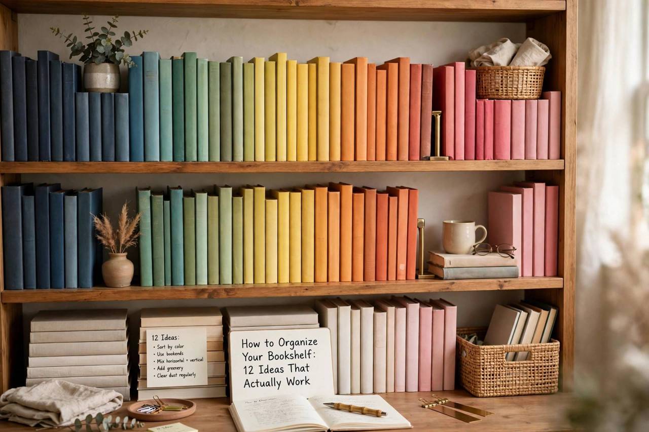Neatly organized wooden bookshelf with books arranged by color