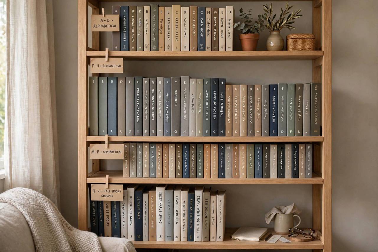 Bookshelf arranged alphabetically with tall books grouped on the bottom shelf